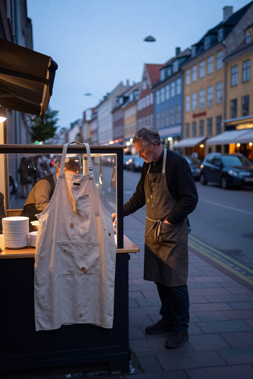 Copenhagen street scene before dawn featuring vintage aprons and tea stains in 1970s Denmark in in Copenhagen, Denmark