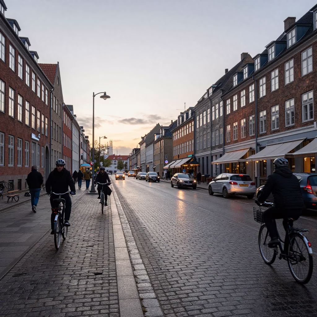 Copenhagen street scene before dawn with bicycle traffic and historic architecture in in Copenhagen, Denmark