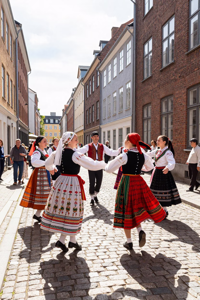 Copenhagen Street Scene Bright Midmorning Light Traditional Folk Dance Costumes in in Copenhagen, Denmark