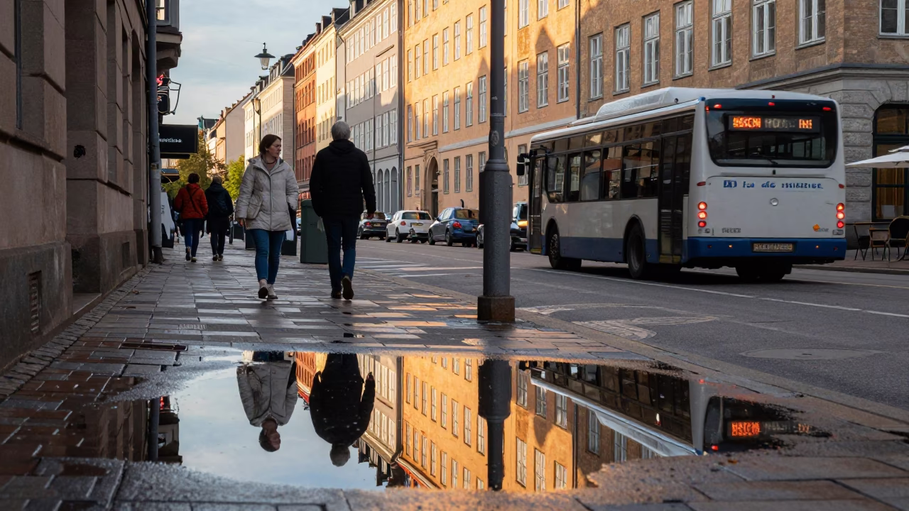 Copenhagen Street Scene Early Afternoon Puddle Reflection Hotel Windows Tail Lights in in Copenhagen, Denmark