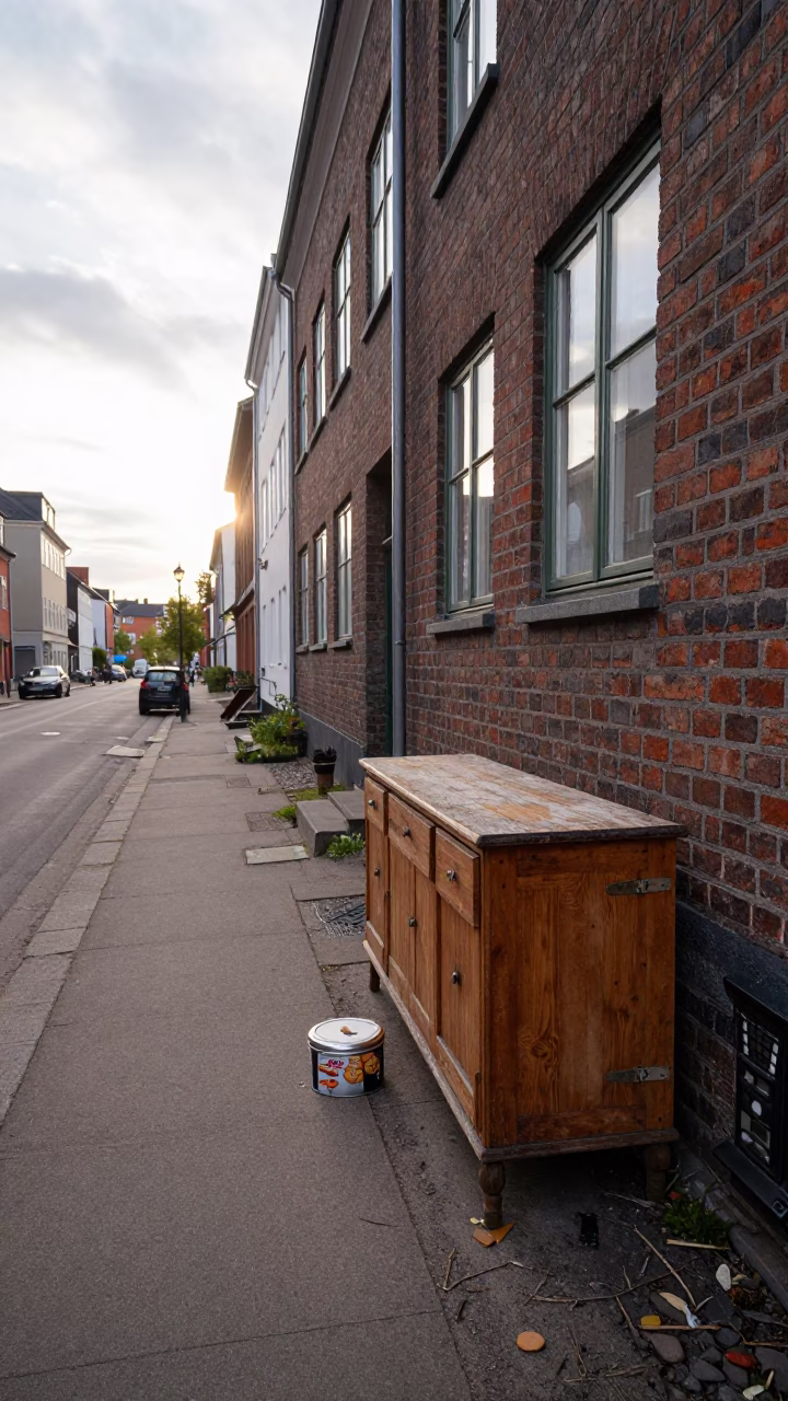 Copenhagen Street Scene Early Afternoon with Cookie Tin and Sideboard in Danish Neighborhood in in Copenhagen, Denmark