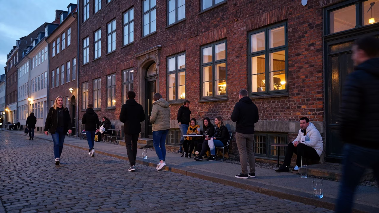 Copenhagen Street Scene Early Evening with Glass Pitcher and Local Interaction in in Copenhagen, Denmark