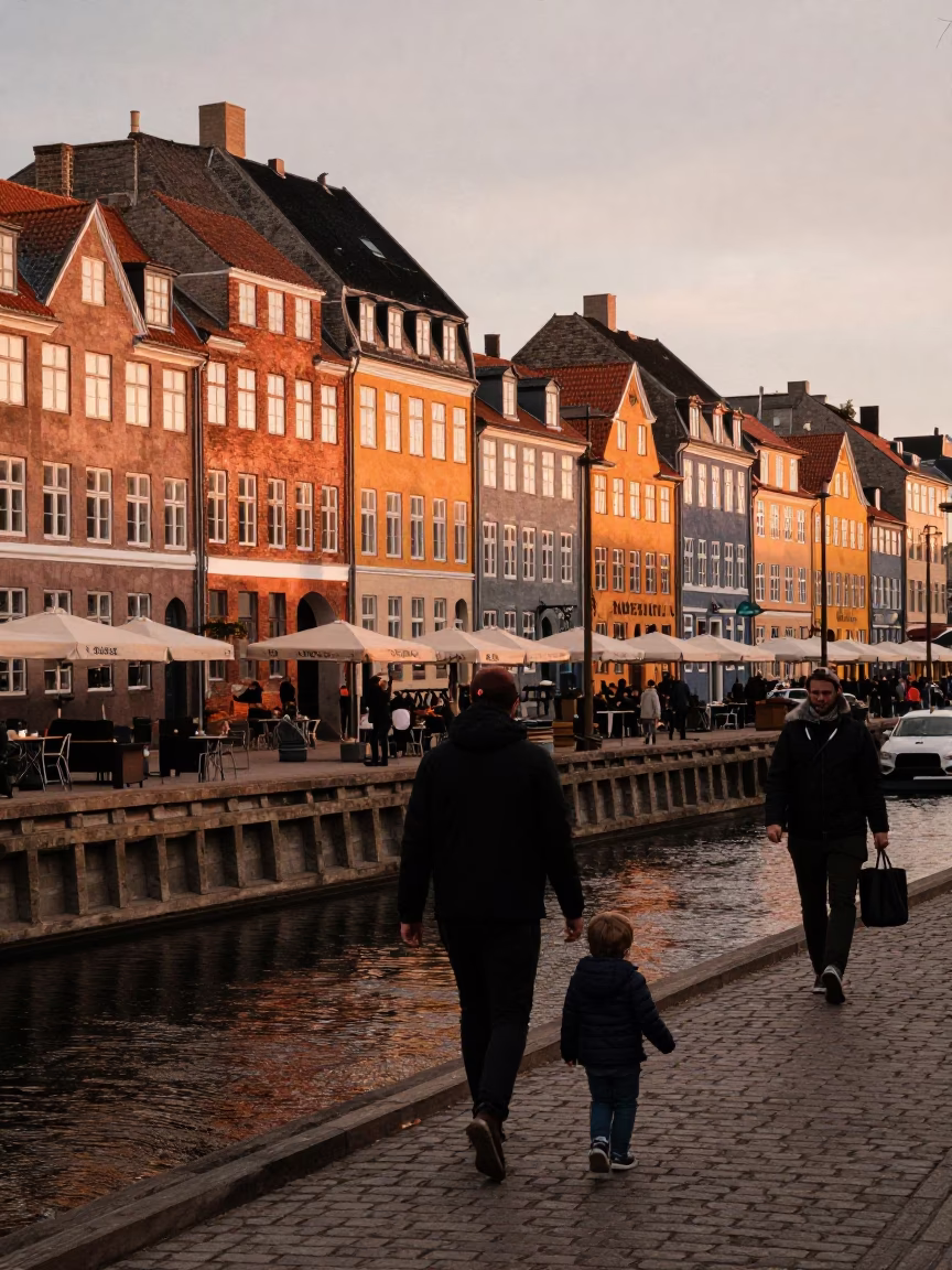 Copenhagen Street Scene in Copper Toned Light Before Dusk with Cyclists and Canal in in Copenhagen, Denmark