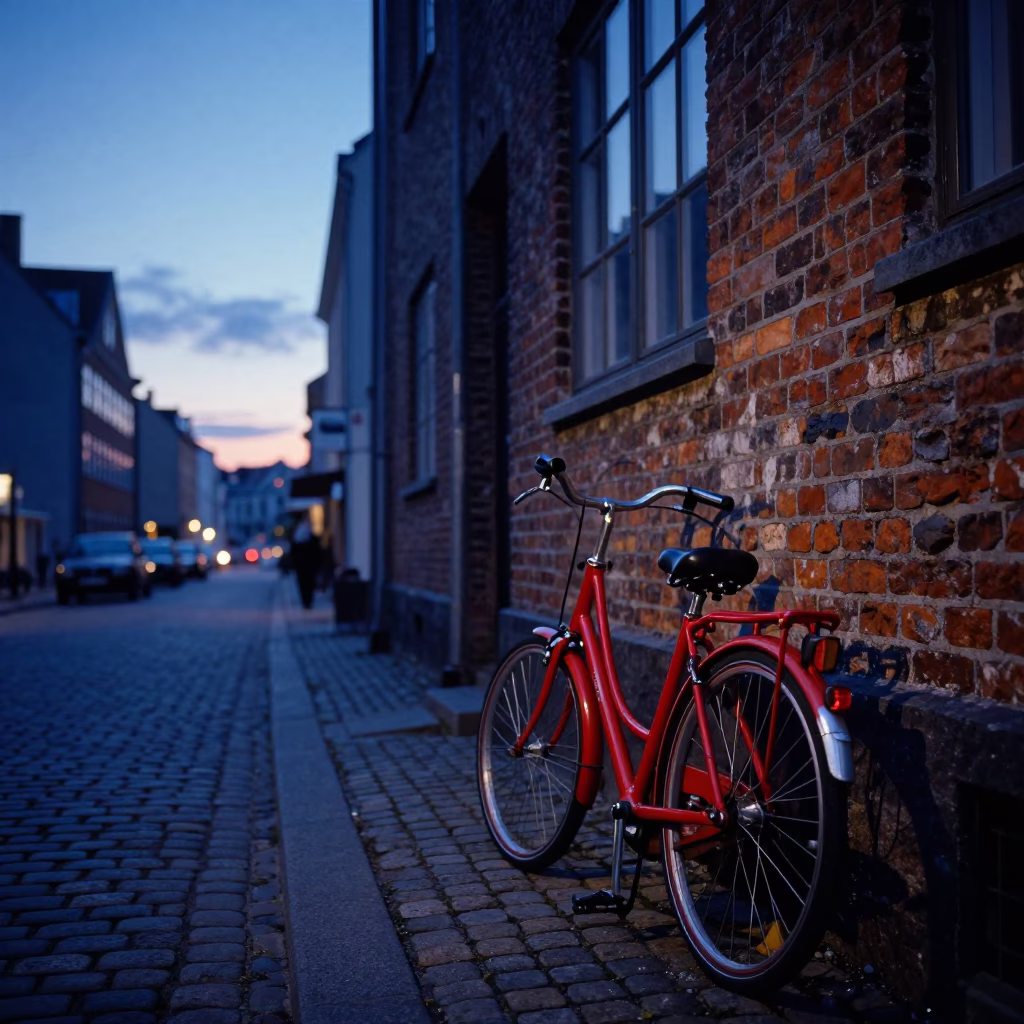 Copenhagen Street Scene in Indigo Twilight with Red Bicycle and Wet Cobblestones in in Copenhagen, Denmark