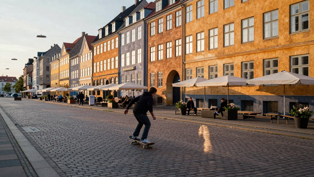 Copenhagen street scene just after sunrise with skateboarder and colorful 1970s architecture in in Copenhagen, Denmark
