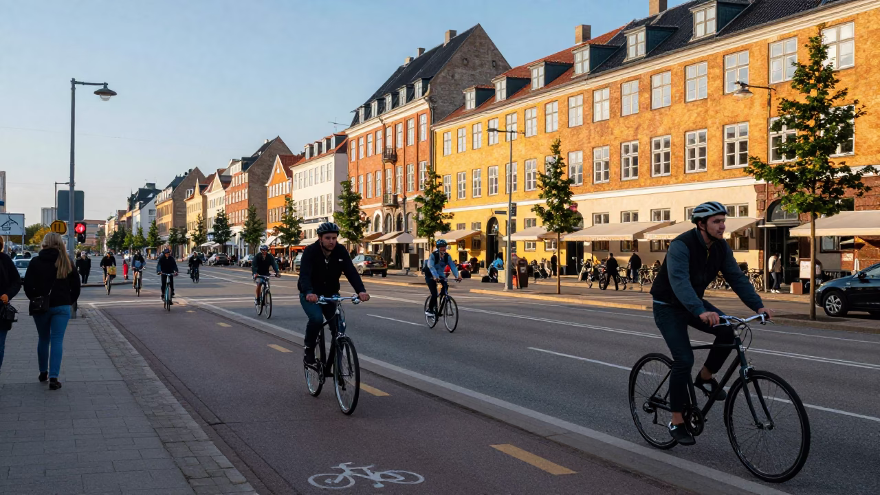 Copenhagen Street Scene Late Afternoon Light with Cyclists and Brick Architecture in in Copenhagen, Denmark