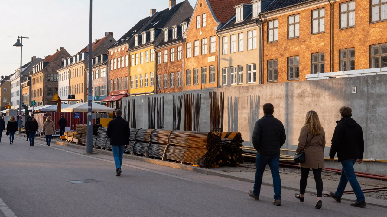 Copenhagen Street Scene Late Morning with Construction Site and Urban Life in in Copenhagen, Denmark