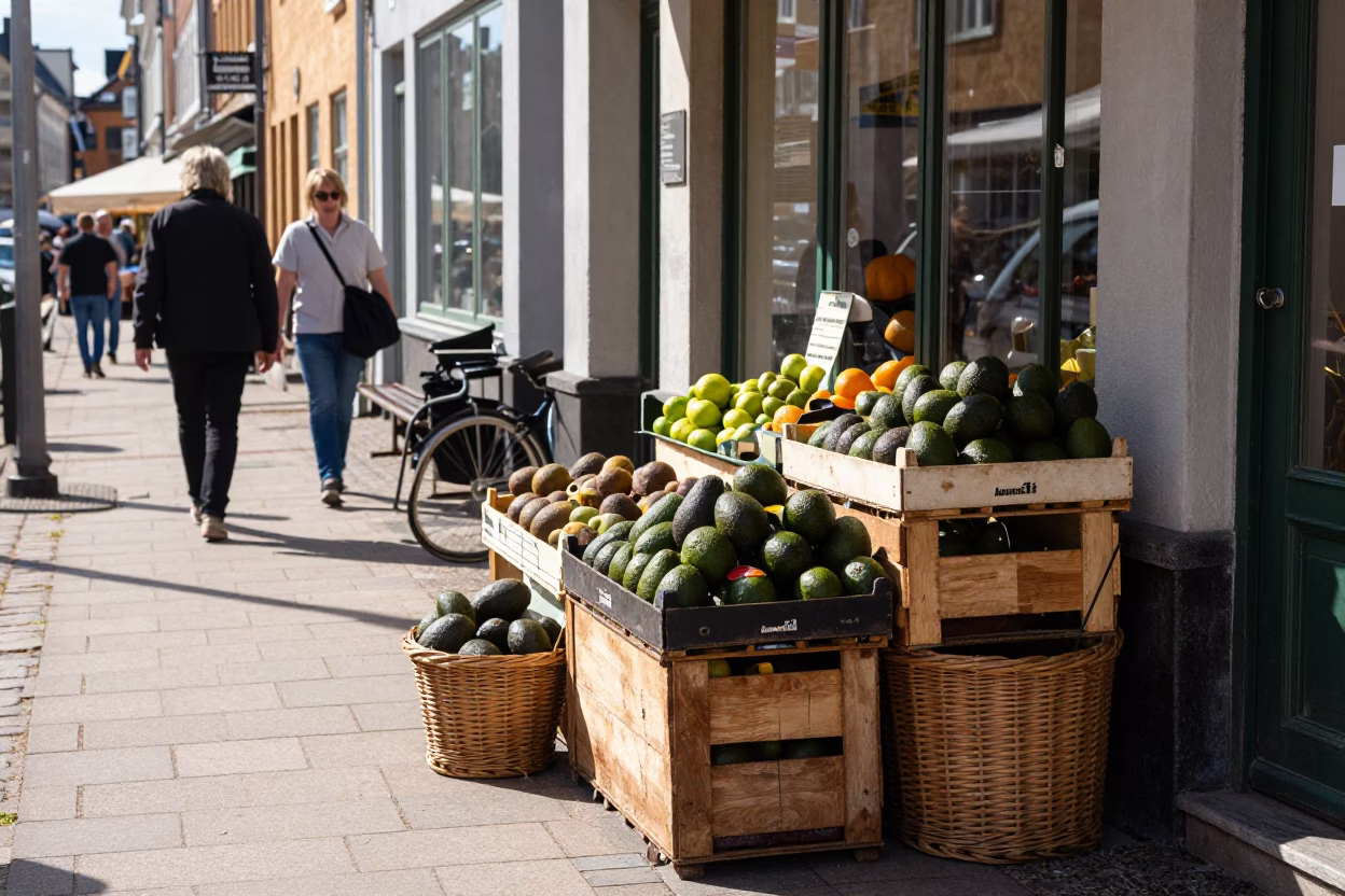 Copenhagen street scene midday with fresh avocados and wicker basket shadow in in Copenhagen, Denmark