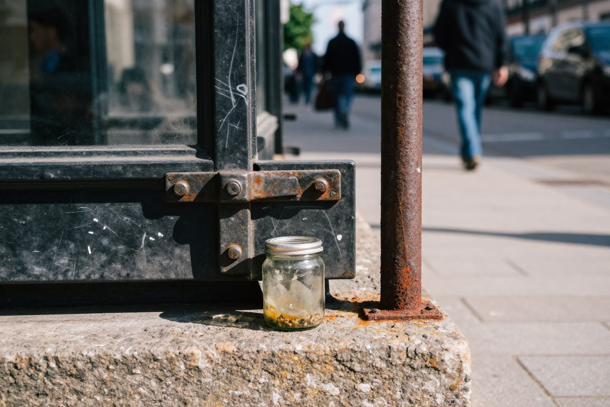 Copenhagen Street Scene Midmorning with Jam Jar and Rusty Latch Details in in Copenhagen, Denmark