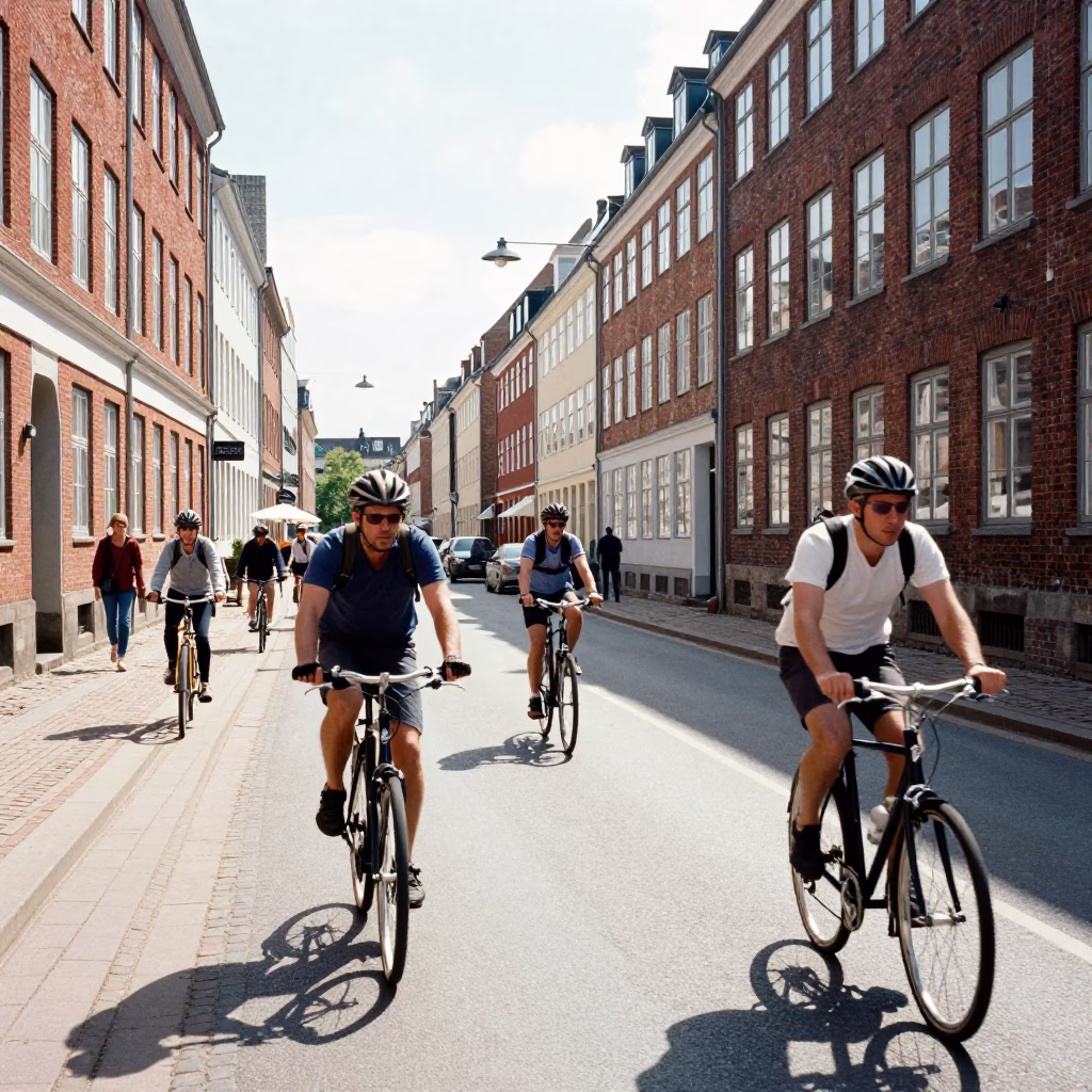Copenhagen Street Scene Under Flat Noon Light with Cyclists and Brick Architecture in in Copenhagen, Denmark