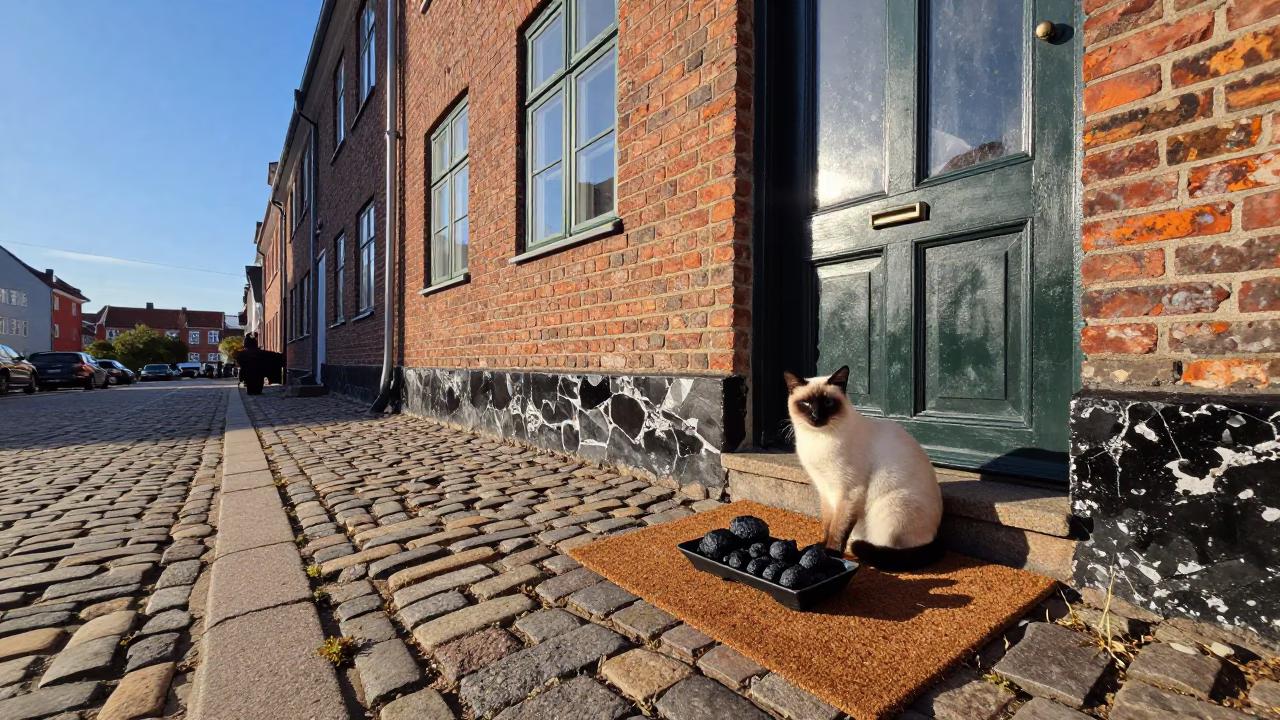 Copenhagen Street Scene with Balinese Cat and Charcoal Sate Skewers in in Copenhagen, Denmark