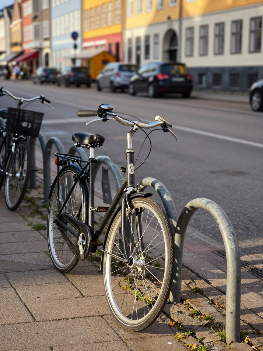 Copenhagen Street Scene with Bicycle Rack and Urban Details in Early Afternoon in in Copenhagen, Denmark