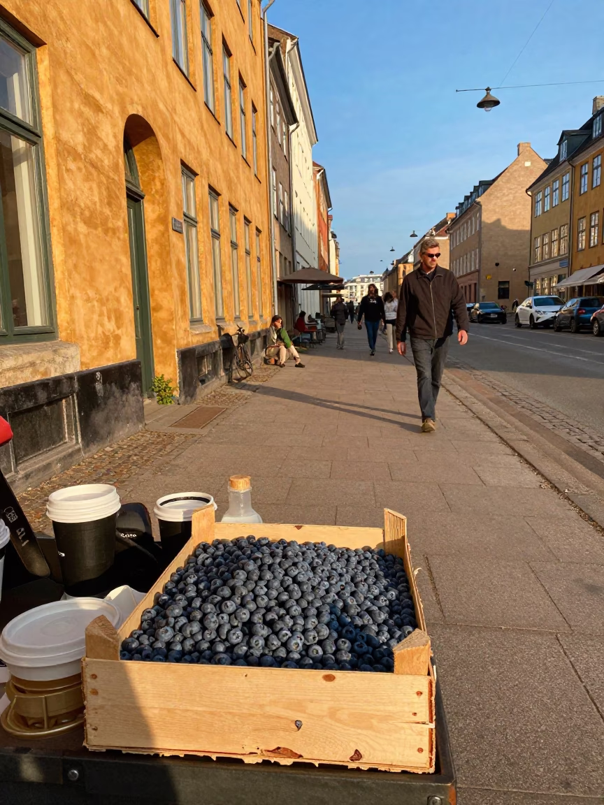 Copenhagen Street Scene with Blueberries and Vintage 1950s Charm in Late Afternoon Light in in Copenhagen, Denmark