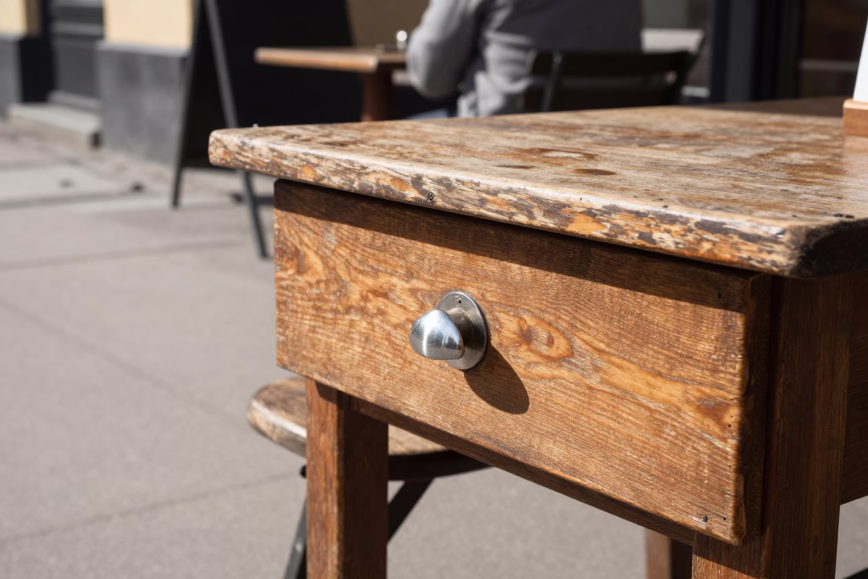 Copenhagen Street Scene with Brushed Steel Drawer Pull Detail and Morning Coffee in in Copenhagen, Denmark
