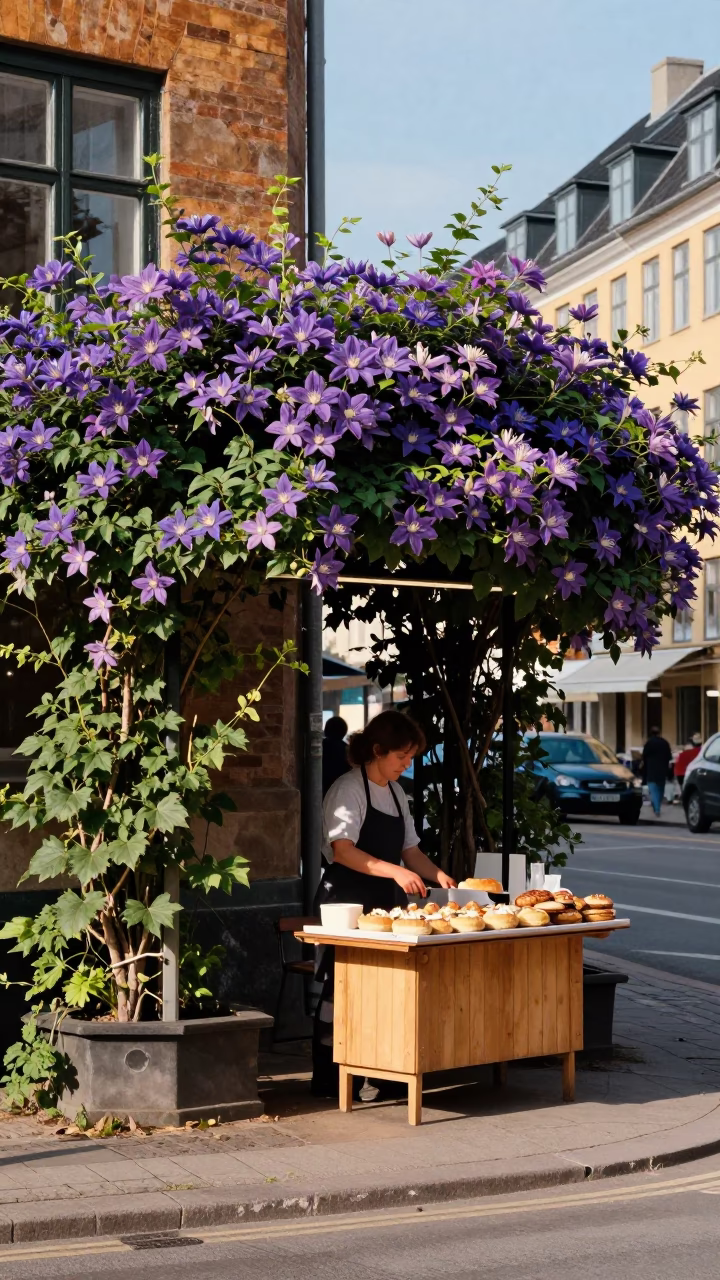 Copenhagen Street Scene with Clematis Pergola and Local Vendor in in Copenhagen, Denmark