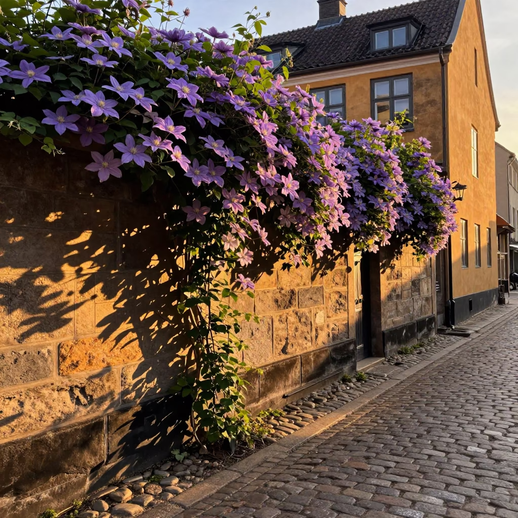 Copenhagen street scene with clematis vine and leaf shadows in honeyed evening light in in Copenhagen, Denmark