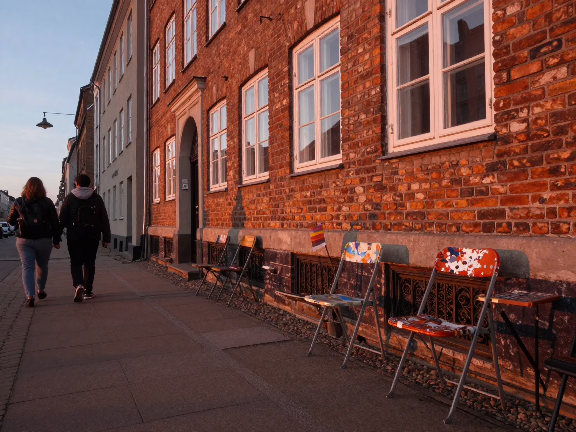 Copenhagen street scene with folding chair and paint flecks in copper dusk light in in Copenhagen, Denmark