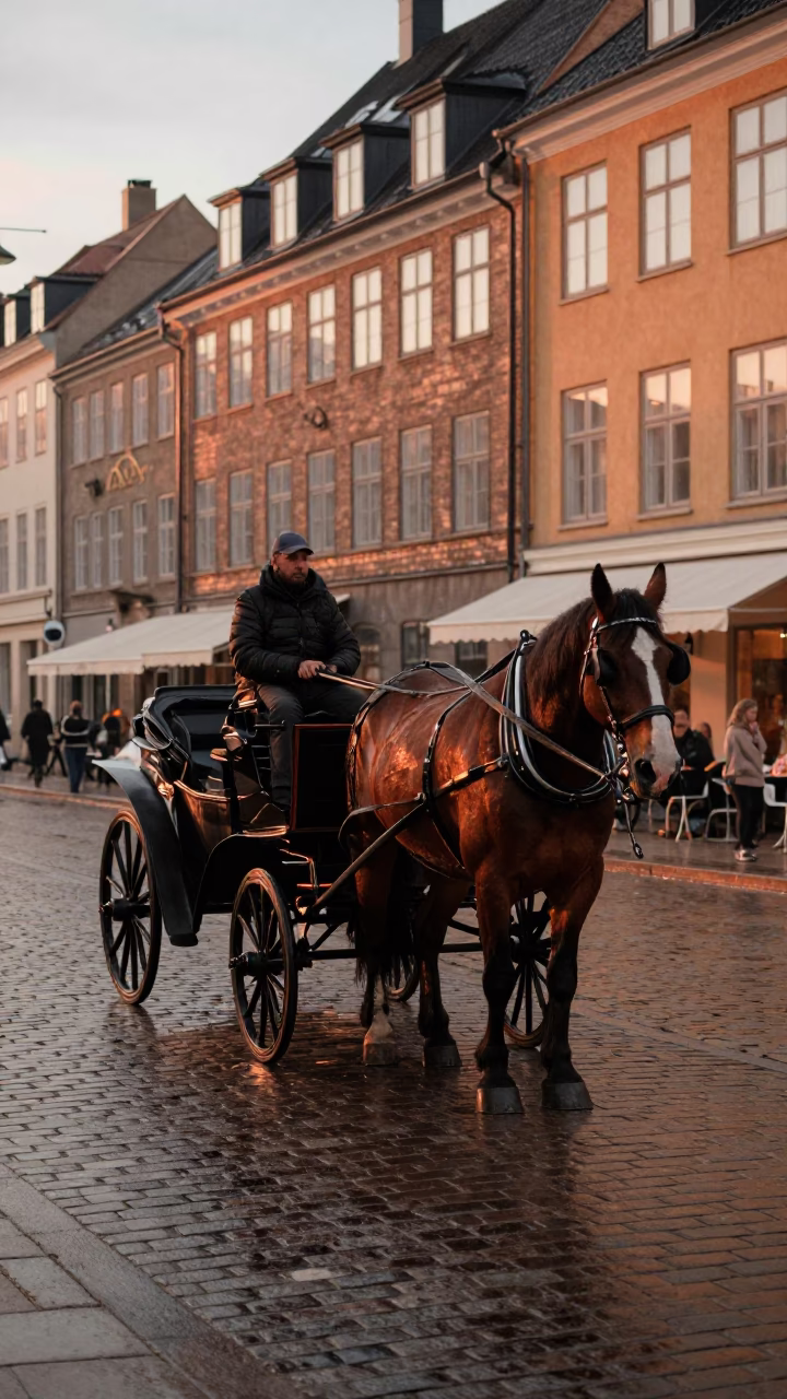 Copenhagen street scene with horse-drawn cart on cobblestones before dusk in in Copenhagen, Denmark