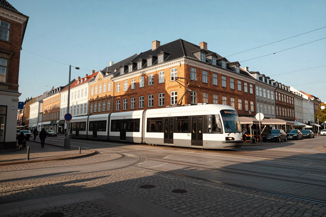 Copenhagen street scene with monorail passing above traditional architecture in late afternoon light in in Copenhagen, Denmark