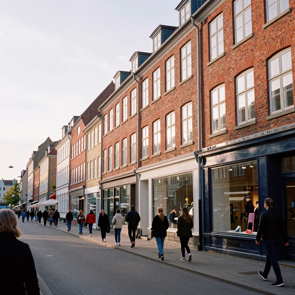 Copenhagen street scene with red brick architecture and pedestrians under afternoon sky in in Copenhagen, Denmark