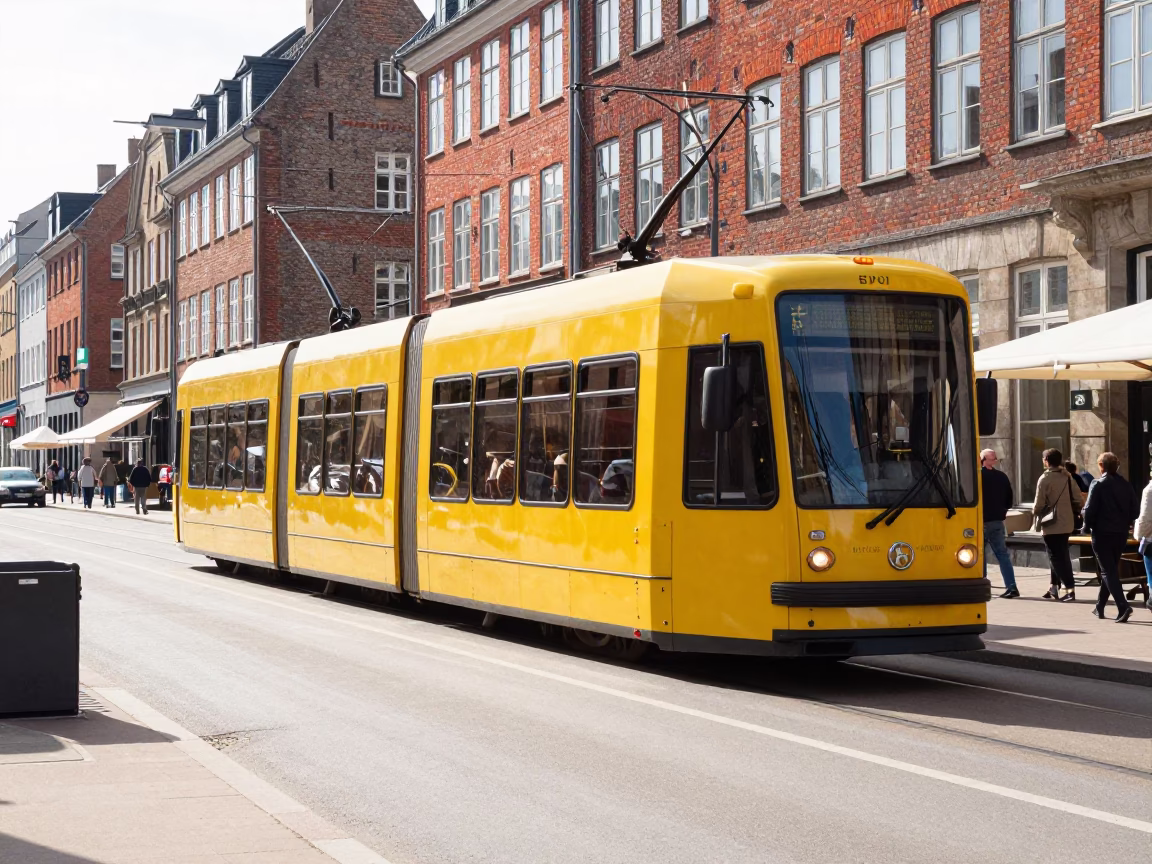 Copenhagen Street Scene with Red Brick Facades and Yellow Tram at Noon in in Copenhagen, Denmark