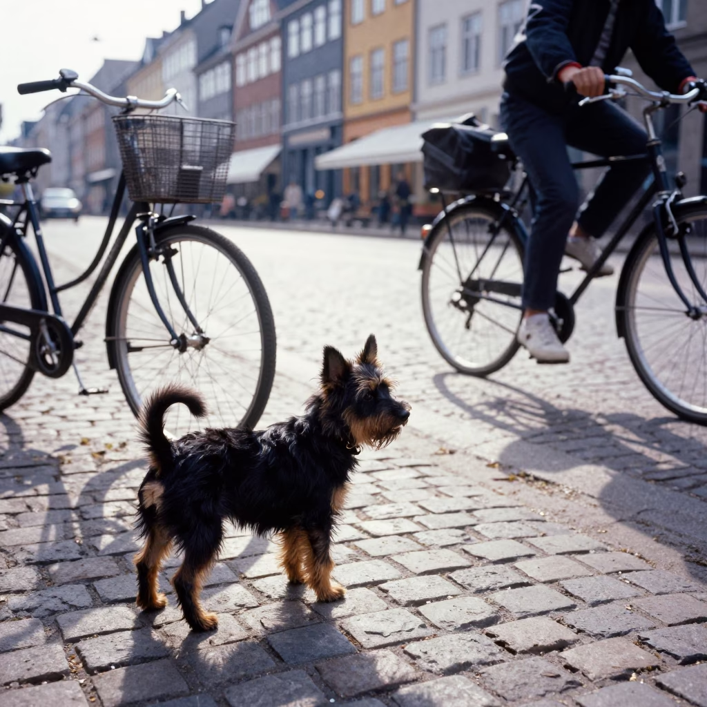 Copenhagen street scene with Schipperke dog and bicycle near historic architecture in in Copenhagen, Denmark