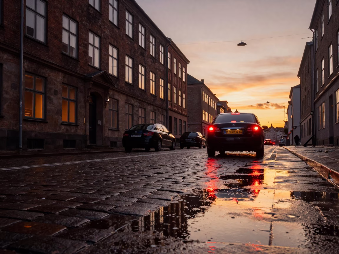 Copenhagen Street Sunset Reflections Puddle Hotel Windows and Tail Lights in in Copenhagen, Denmark
