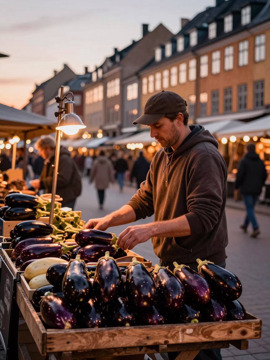 Copenhagen Street Vendor Sells Fresh Eggplants Under Copper Dusk Light in in Copenhagen, Denmark