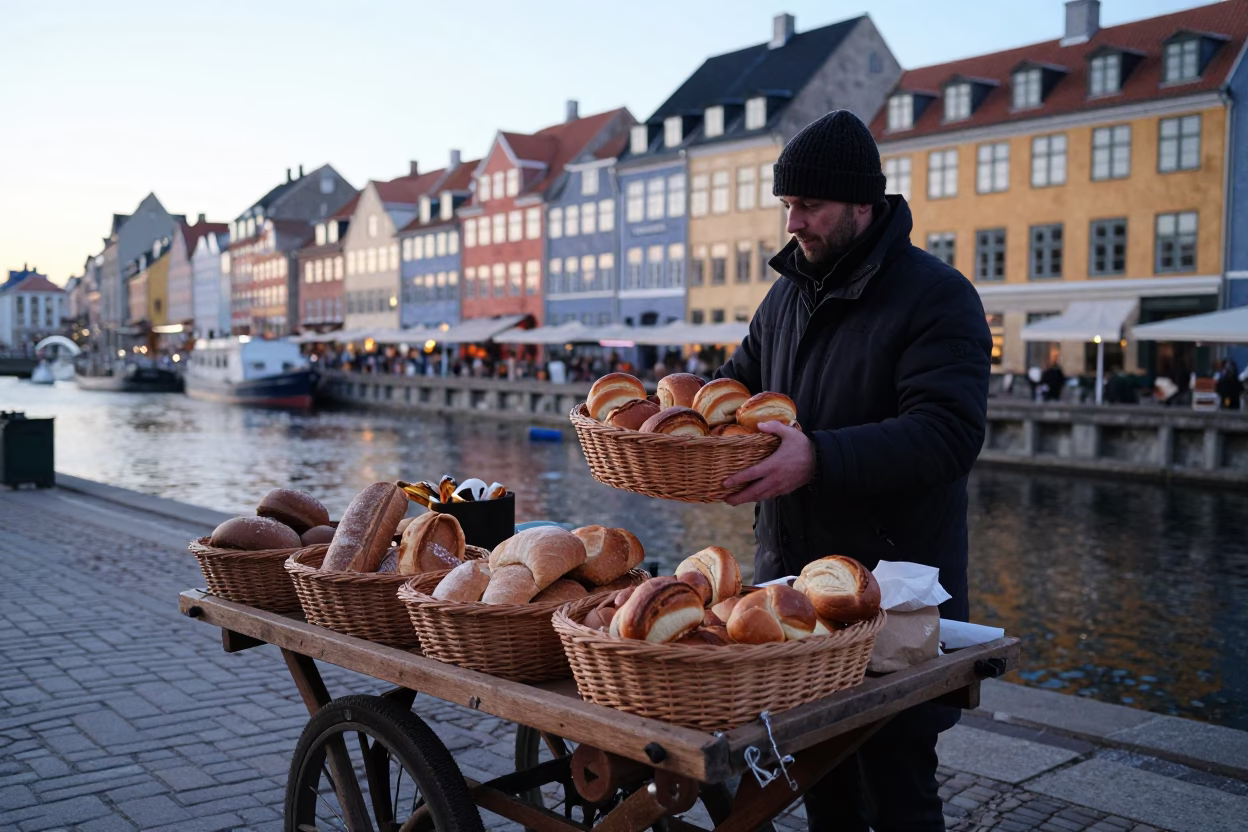 Copenhagen street vendor serving fresh bread baskets at dawn near Nyhavn canal in in Copenhagen, Denmark