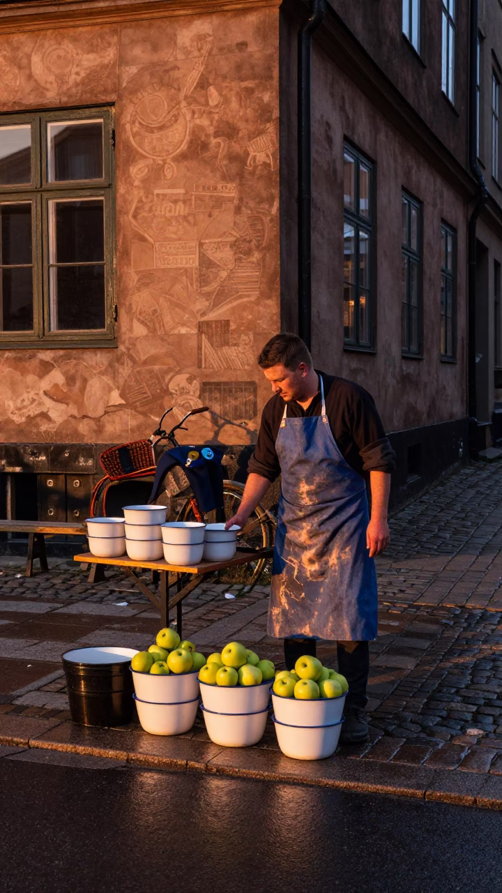 Copenhagen Street Vendor with Enamel Bowls and Apron in Copper Dusk Light in in Copenhagen, Denmark