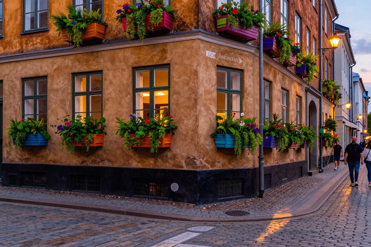 Copenhagen Summer Evening Street Scene with Colorful Window Boxes in in Copenhagen, Denmark