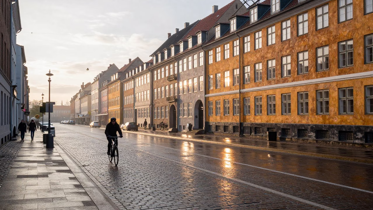 Copenhagen Sunrise Street Scene with Cyclist and Historic Architecture in in Copenhagen, Denmark