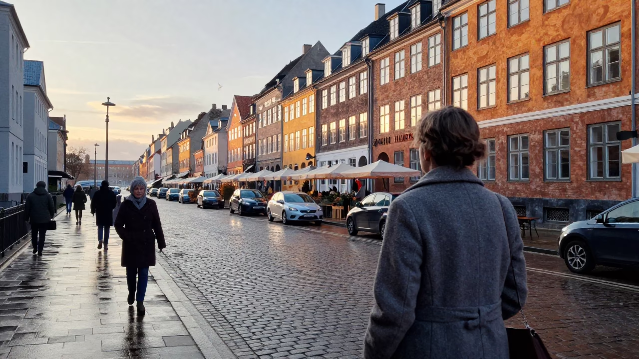 Copenhagen Sunrise Street Scene with Vintage 1950s Aesthetic and Local Morning Routine in in Copenhagen, Denmark