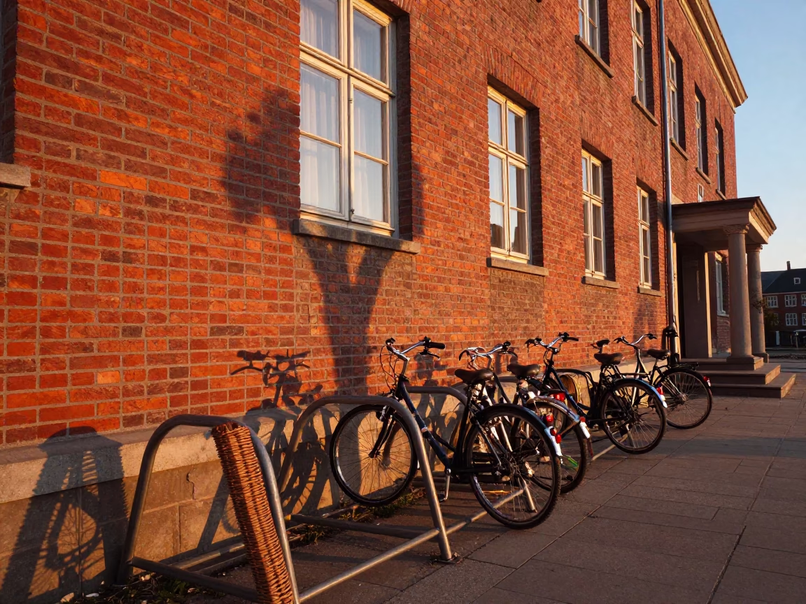 Copenhagen Sunset Bicycle Rack Red Brick Lecture Hall Wicker Shadow in in Copenhagen, Denmark