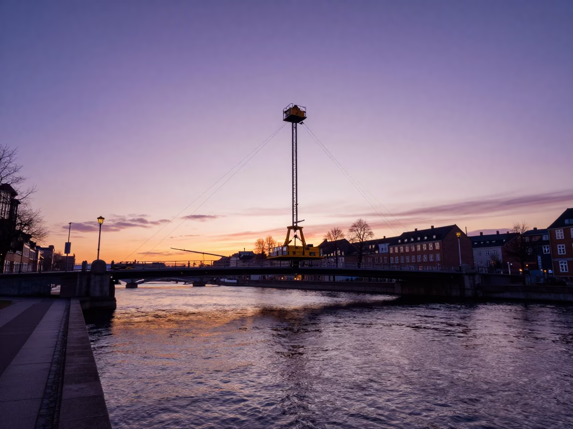 Copenhagen Sunset Bridge Maintenance Cradle Over River Water with Historic Brick Architecture in in Copenhagen, Denmark