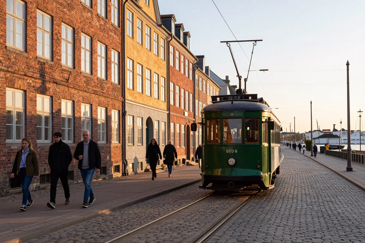 Copenhagen Sunset Heritage Tram on Cobblestone Avenue Near Harbor in in Copenhagen, Denmark