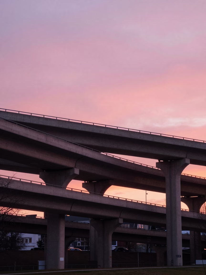 Copenhagen Sunset Highway Flyover Stack Against Pink Evening Sky in in Copenhagen, Denmark