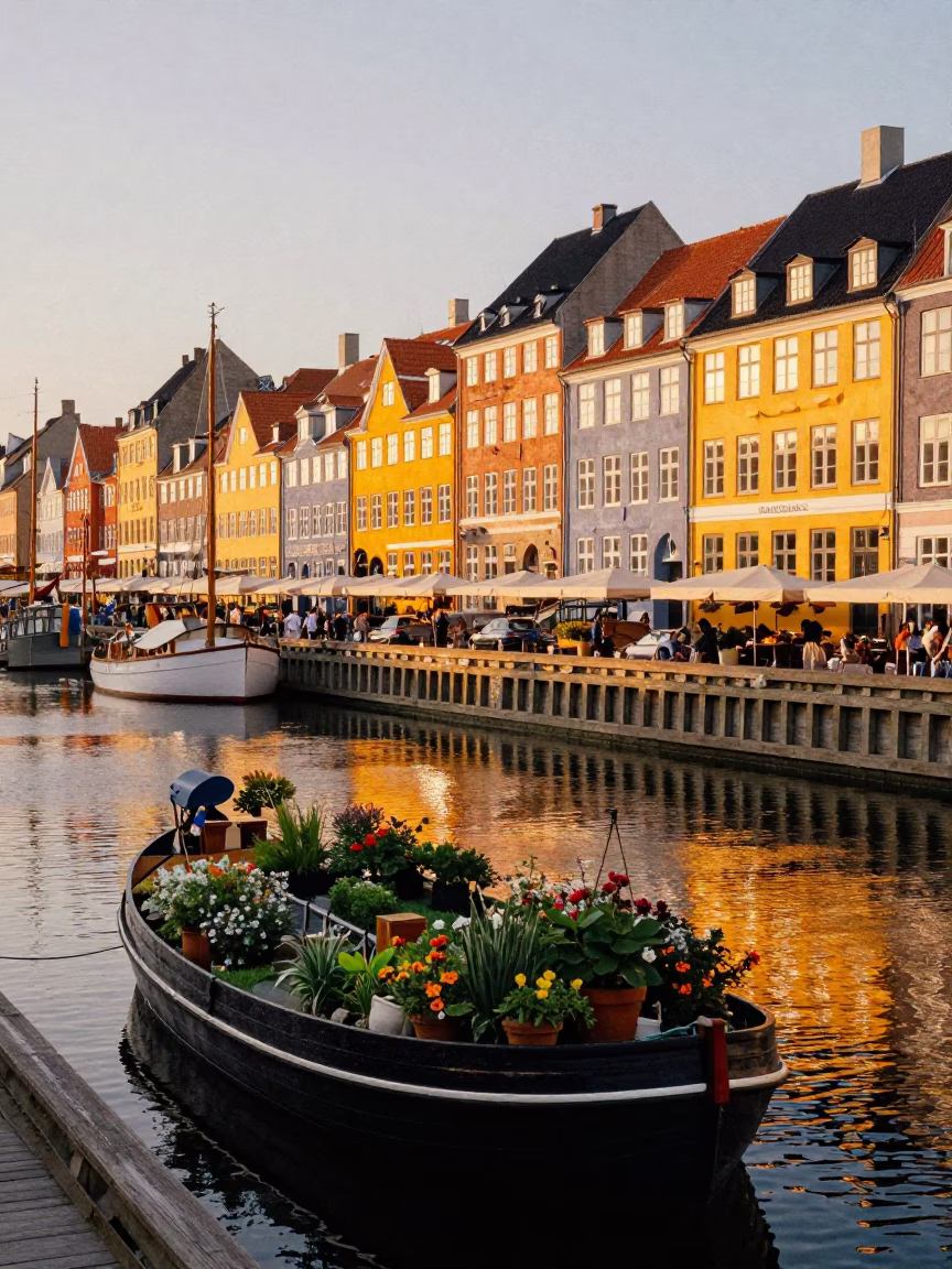 Copenhagen Sunset Houseboat Flower Garden and City Skyline Realistic Photography in in Copenhagen, Denmark