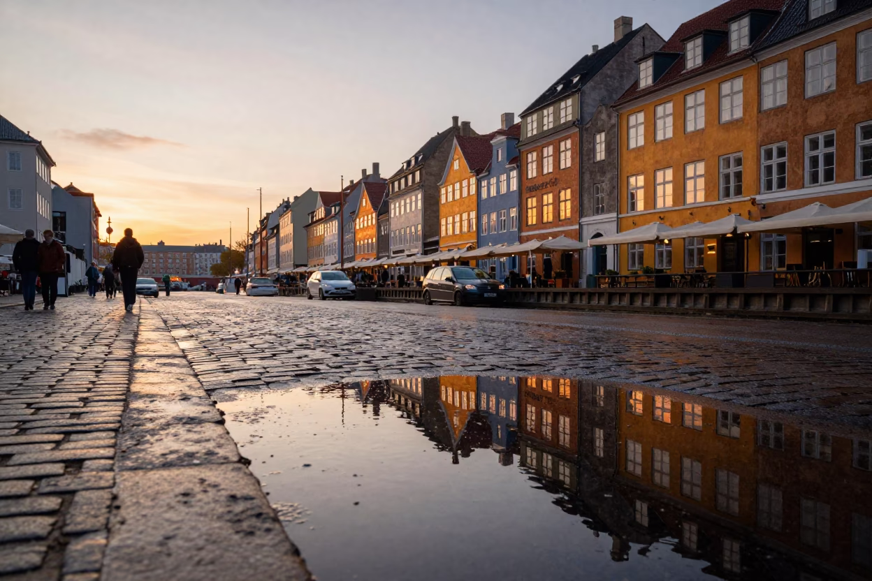 Copenhagen Sunset Reflections on Wet Pavement Near Historic Harbor District in in Copenhagen, Denmark