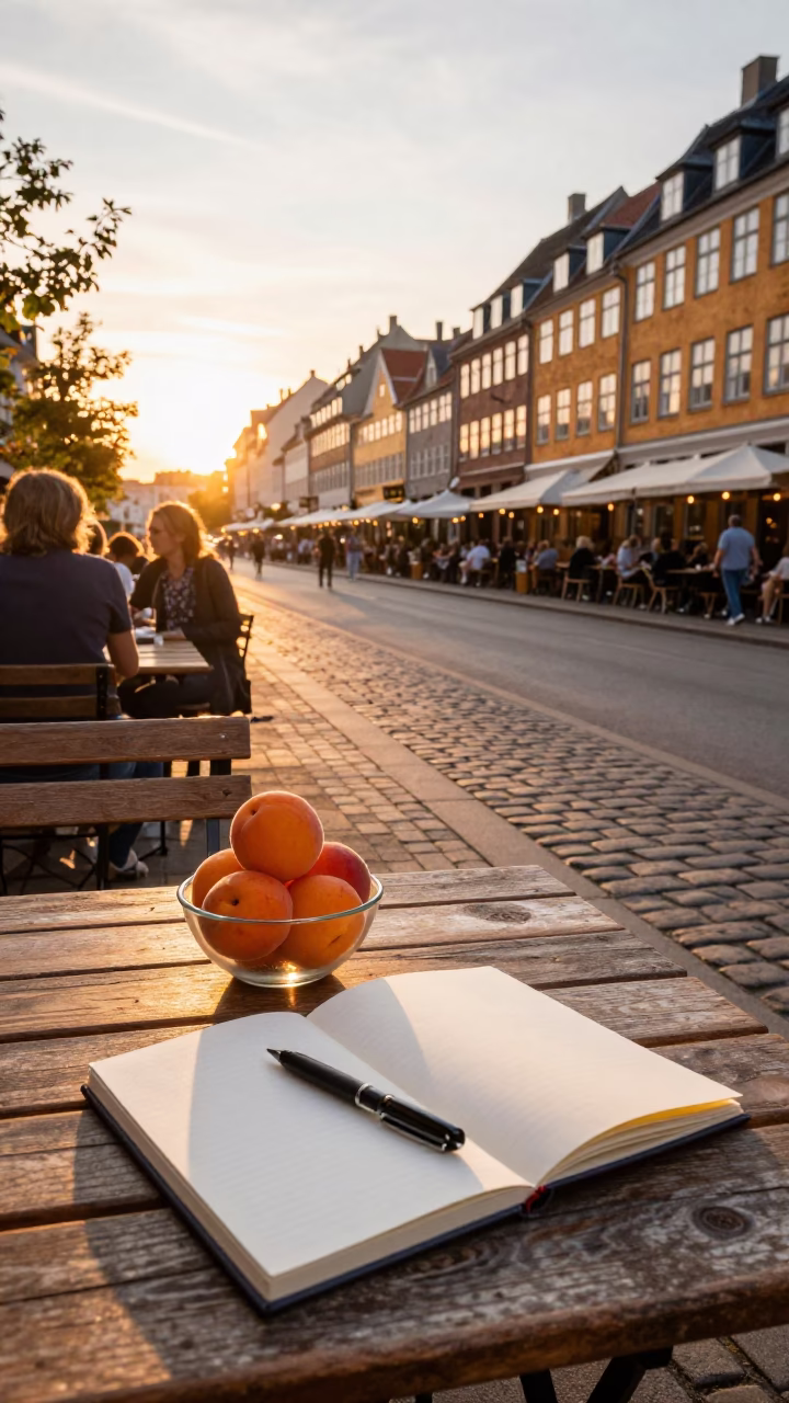 Copenhagen Sunset Street Scene with Apricots and Notebook on Outdoor Cafe Table in in Copenhagen, Denmark