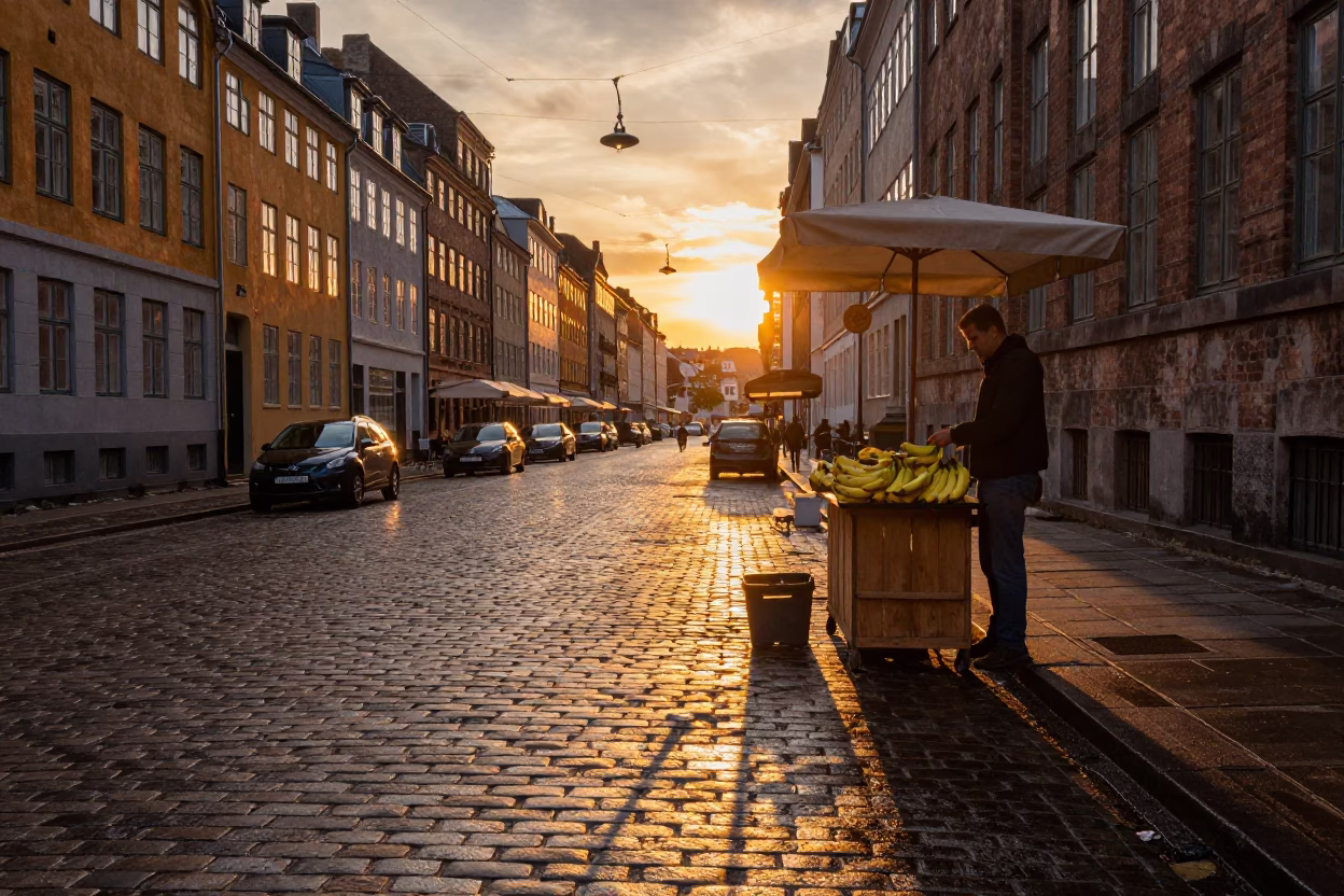 Copenhagen Sunset Street Scene with Bananas and Wicker Shadow on Local Cobblestone in in Copenhagen, Denmark