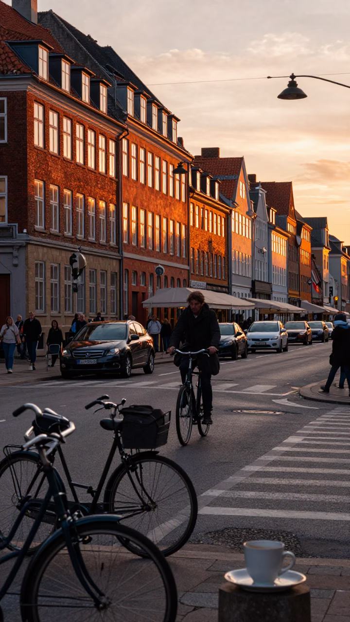 Copenhagen Sunset Street Scene with Bicycle and Ceramic Cup in in Copenhagen, Denmark