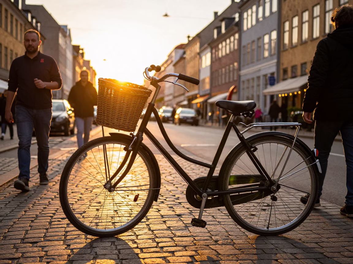 Copenhagen Sunset Street Scene with Bicycle and Steel Details in in Copenhagen, Denmark
