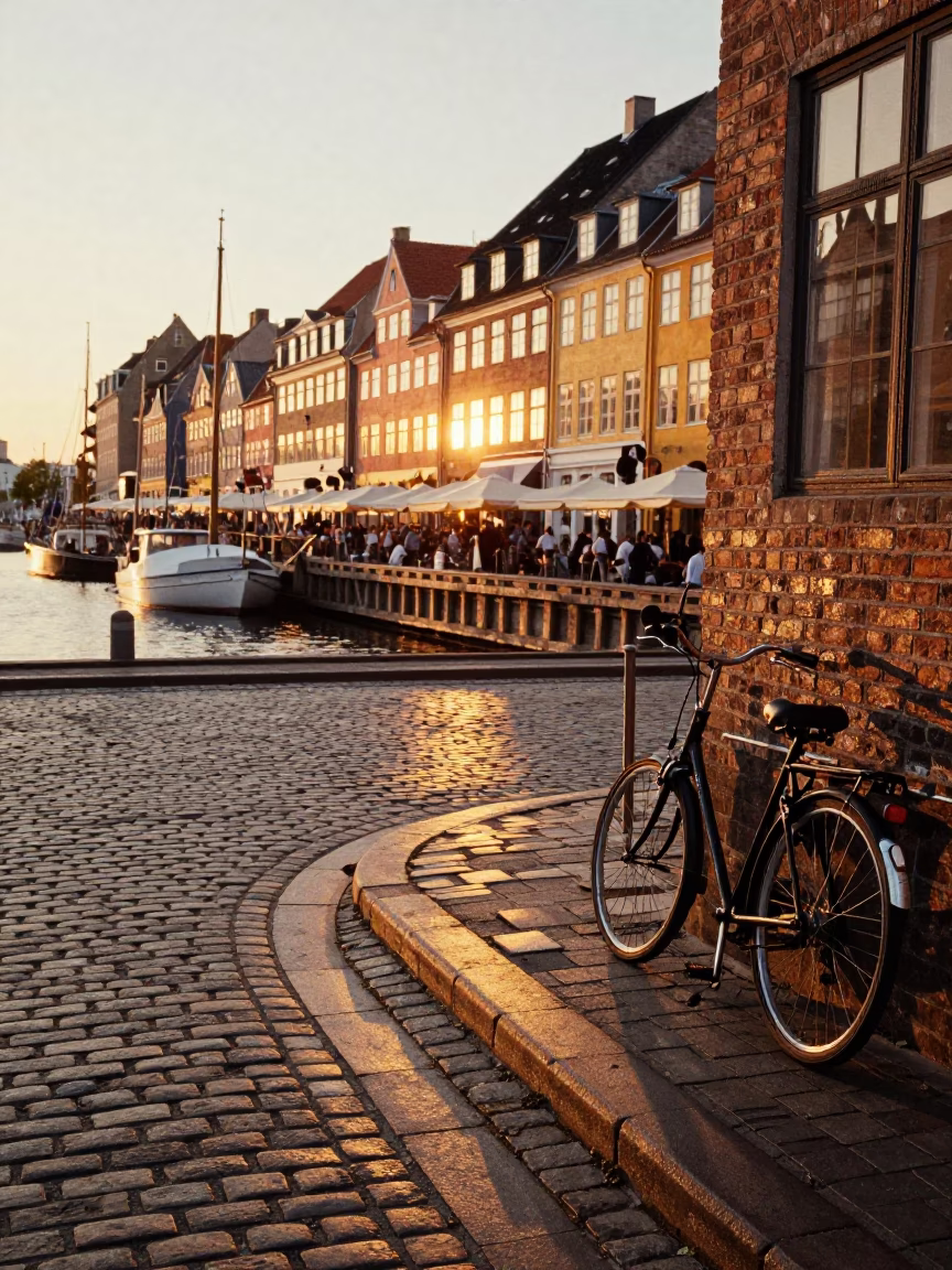 Copenhagen Sunset Street Scene with Cast Iron Wheel and Glass Cup Detail in in Copenhagen, Denmark
