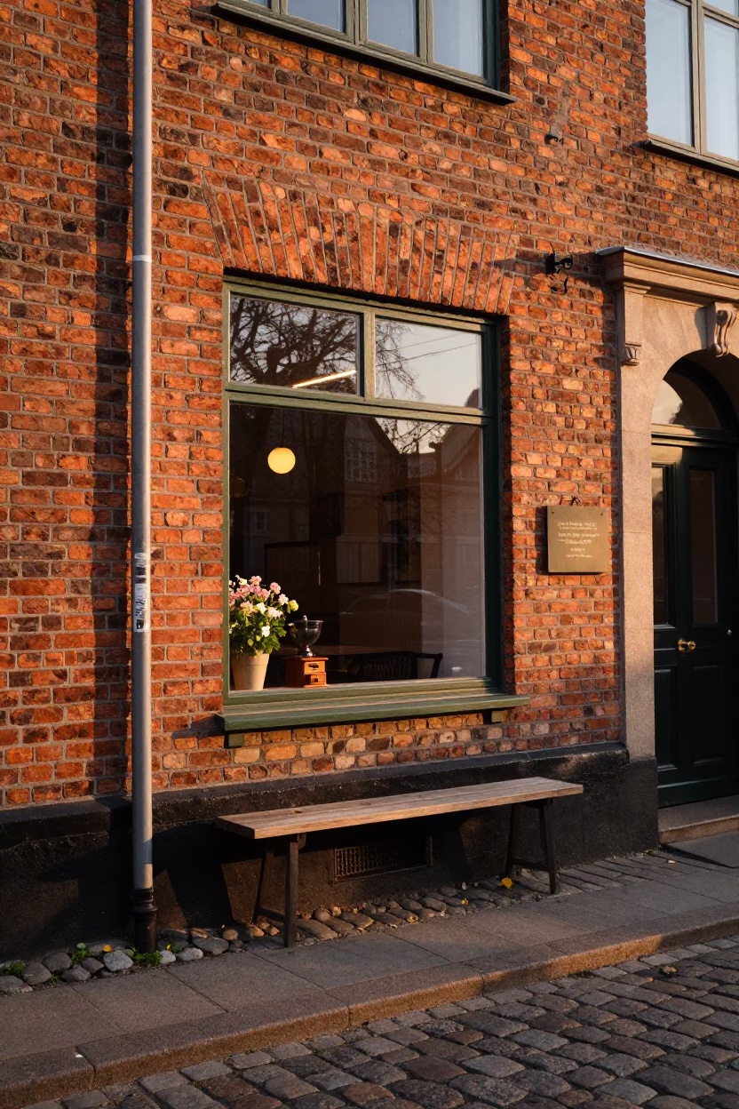 Copenhagen sunset street scene with coffee grinder and flowering plant in window in in Copenhagen, Denmark