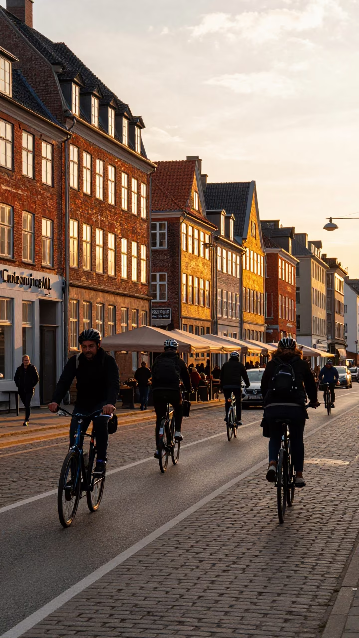 Copenhagen Sunset Street Scene with Cyclists and Danish Architecture in in Copenhagen, Denmark