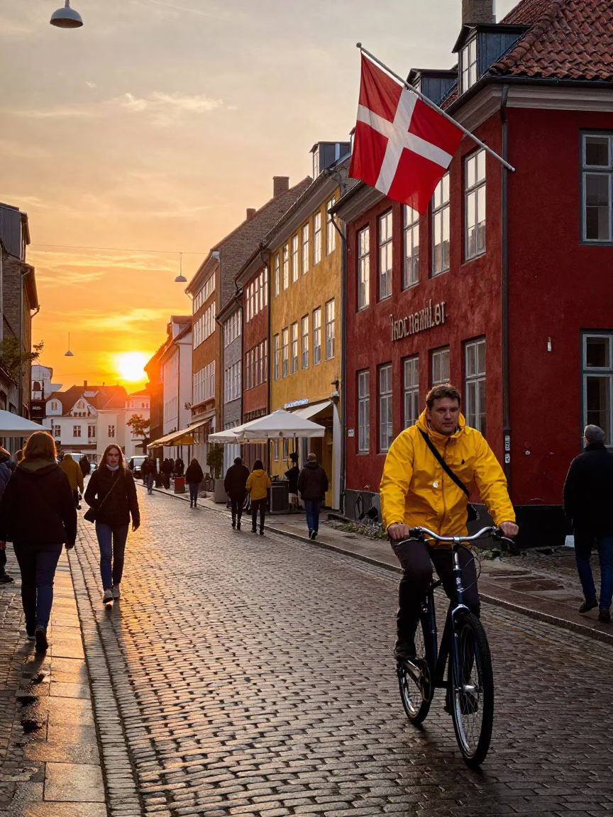 Copenhagen Sunset Street Scene with Danish Flag and Cobblestone Alley in in Copenhagen, Denmark
