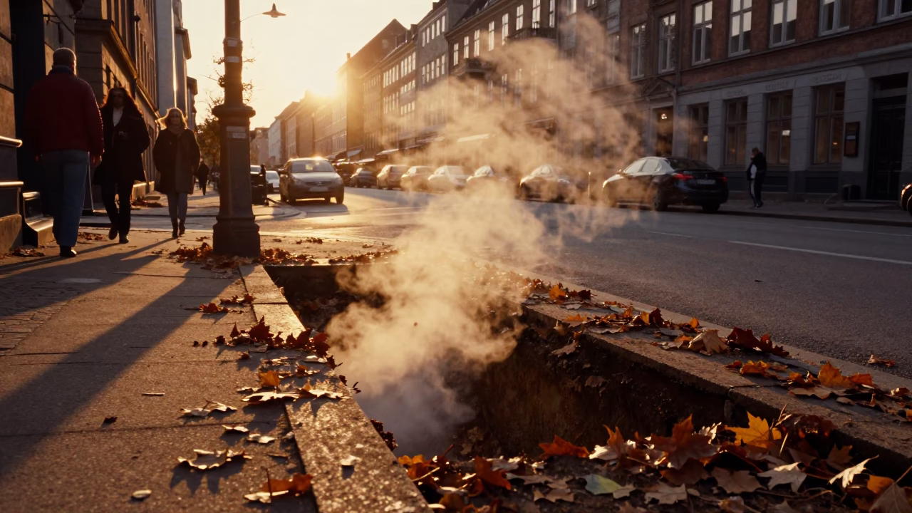 Copenhagen Sunset Street Scene with District Heating Pipes and Autumn Leaves in in Copenhagen, Denmark