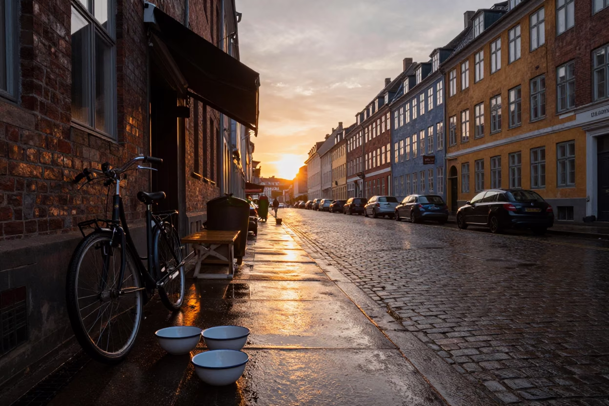 Copenhagen Sunset Street Scene with Enamel Bowls and Rain-Slicked Pavement in in Copenhagen, Denmark