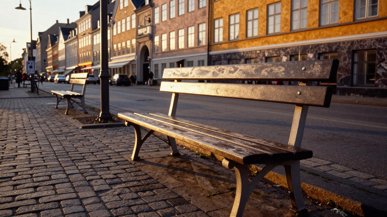 Copenhagen Sunset Street Scene with Park Bench and Folding Tables in in Copenhagen, Denmark
